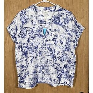 Joie Linen Button Down Shirt Tropical Blue White CoastalGrandma Boxy Women's XL